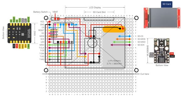 XIAO、MLX90640、LCDの実体配線図